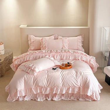 Pink Lace Ruffles Korean Princess 100% Cotton Bedding Set